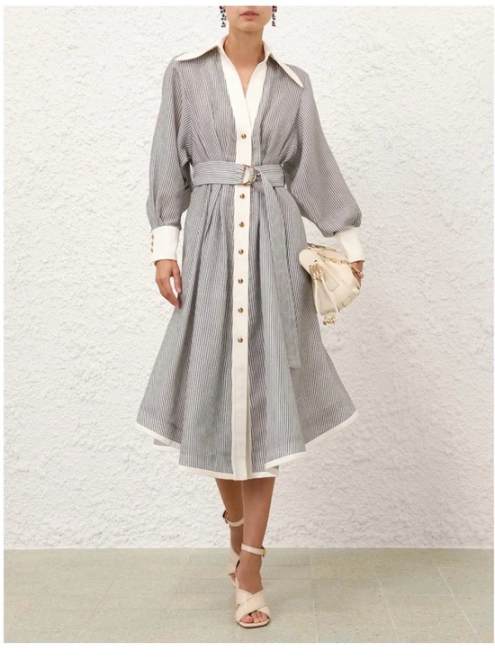 Zimmermann Dresses & Skirts - Zimmermann Cream & Gray Striped Midi Shirt Dress with Belt